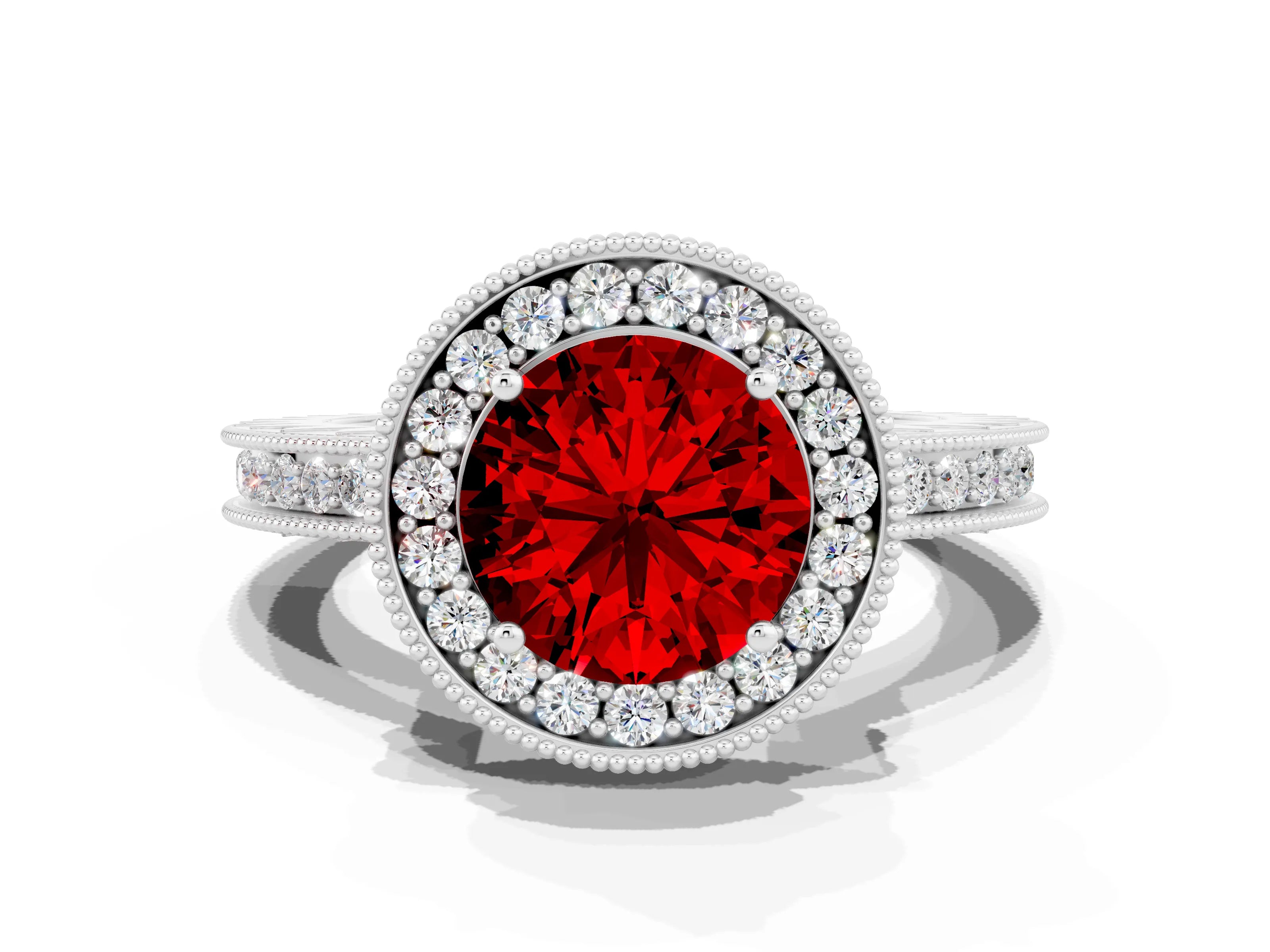 White gold Round Cut Halo Diamond Engagement Ring with Milgrain Pave Band and Four-Prong Setting