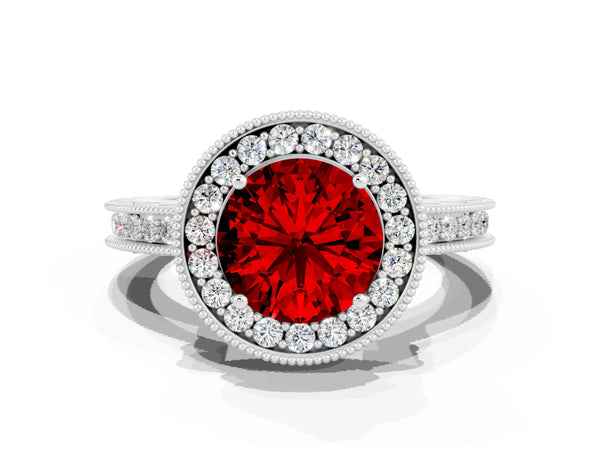 Platinum Round Cut Halo Diamond Engagement Ring with Milgrain Pave Band and Four-Prong Setting