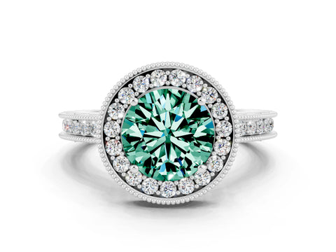 White gold Round Cut Halo Diamond Engagement Ring with Milgrain Pave Band and Four-Prong Setting