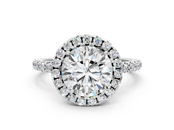 White gold Round Cut Diamond Floral Halo Engagement Ring with Pavé Band and Prong Setting