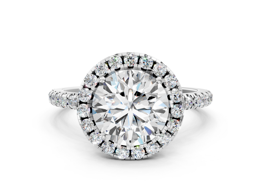 White gold Round Cut Diamond Floral Halo Engagement Ring with Pavé Band and Prong Setting