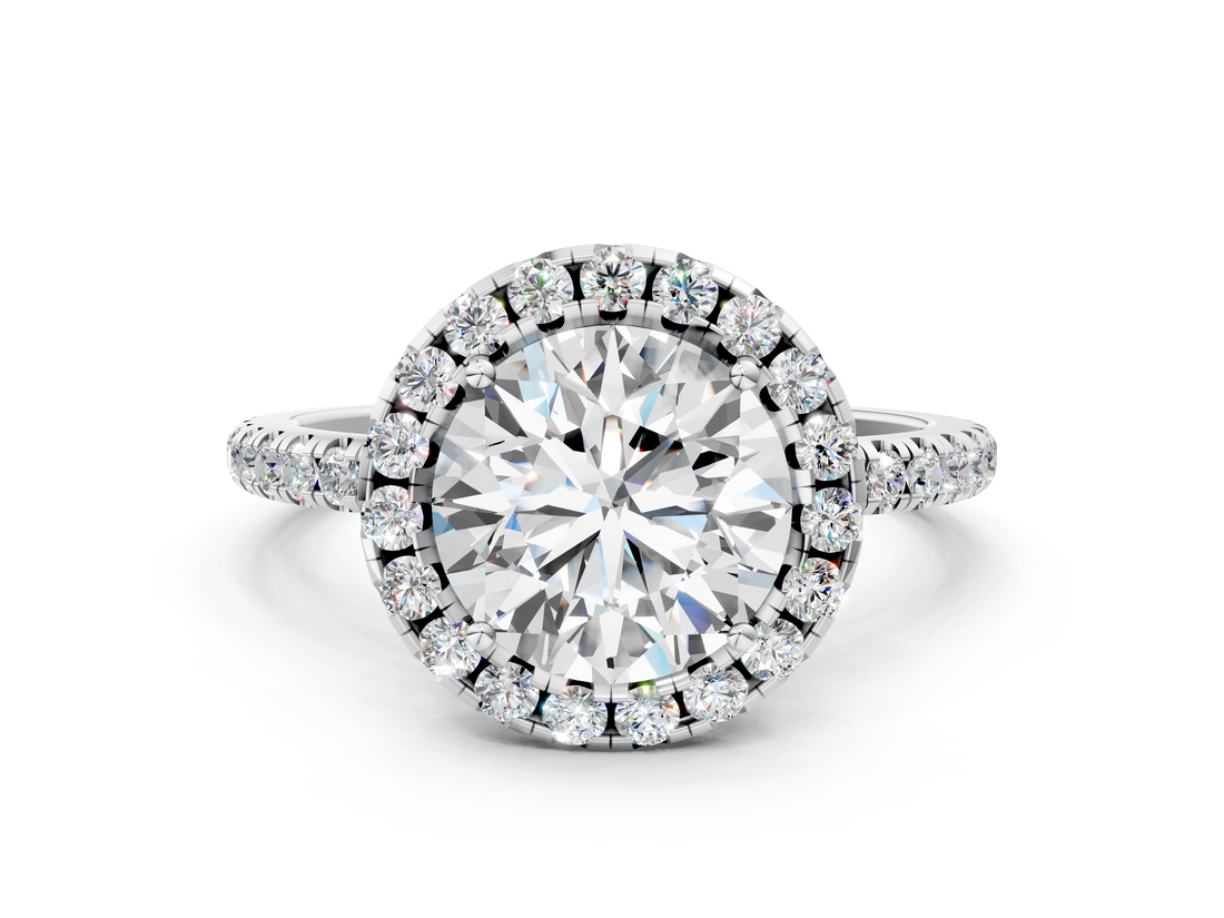 White gold Round Cut Halo Diamond Engagement Ring with Pave Band and Four-Prong Setting_21