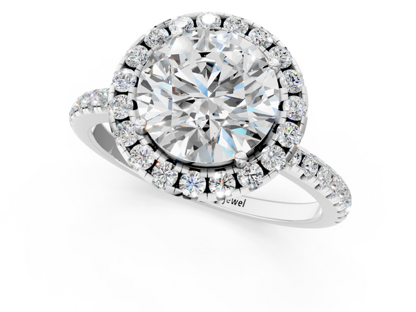 White gold Round Cut Diamond Floral Halo Engagement Ring with Pavé Band and Prong Setting