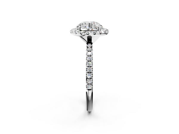 White gold Round Cut Diamond Floral Halo Engagement Ring with Pavé Band and Prong Setting