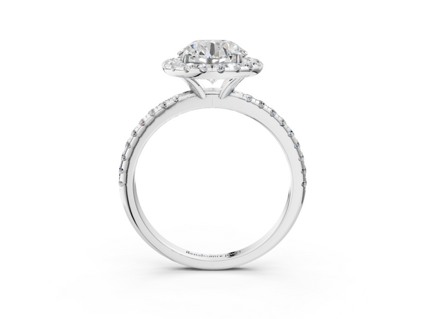 White gold Round Cut Diamond Floral Halo Engagement Ring with Pavé Band and Prong Setting
