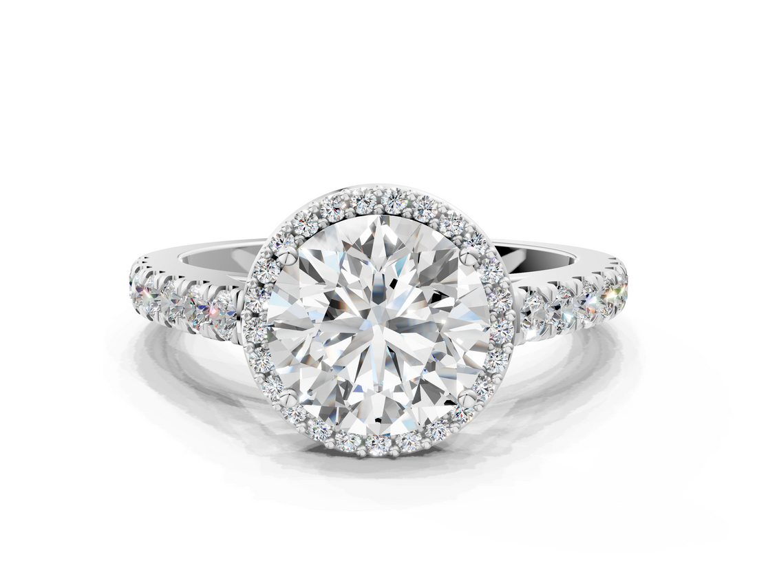 White gold Round Cut Halo Diamond Engagement Ring with Pave Band and Four-Prong Setting_57