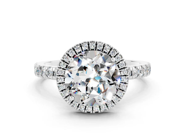 Platinum Round Cut Moissanite Classic Halo Engagement Ring with Round Pavé Band and Prong Setting