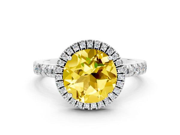 Platinum Round Cut Yellow Sapphire Classic Halo Engagement Ring with Round Pavé Band and Prong Setting