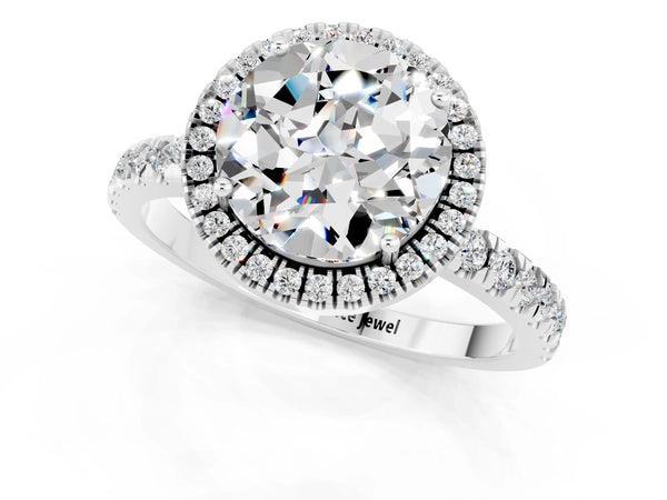 Platinum Round Cut Moissanite Classic Halo Engagement Ring with Round Pavé Band and Prong Setting