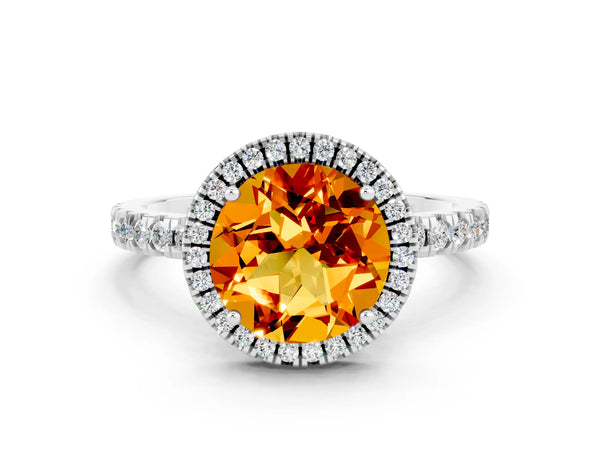 White gold Round Cut Citrine Classic Halo Engagement Ring with Round Pavé Band and Prong Setting