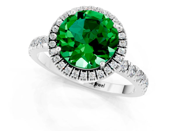 White gold Round Cut Emerald Classic Halo Engagement Ring with Round Pavé Band and Prong Setting