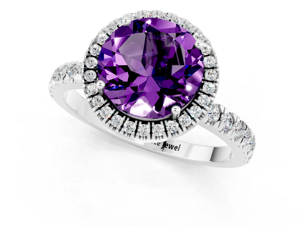 Platinum Round Cut Amethyst Classic Halo Engagement Ring with Round Pavé Band and Prong Setting