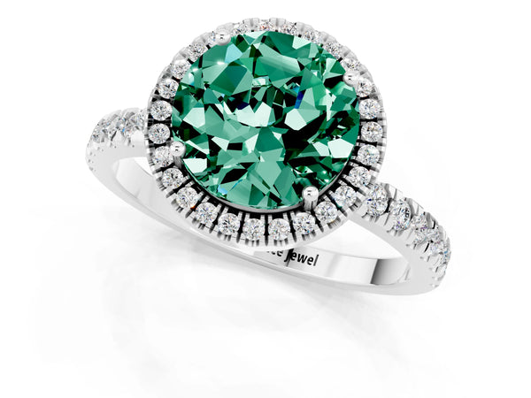 White gold Round Cut Green Sapphire Classic Halo Engagement Ring with Round Pavé Band and Prong Setting