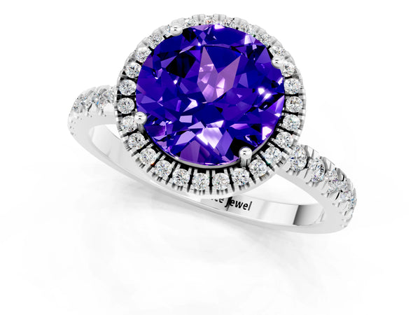 Silver Round Cut Tanzanite Classic Halo Engagement Ring with Round Pavé Band and Prong Setting