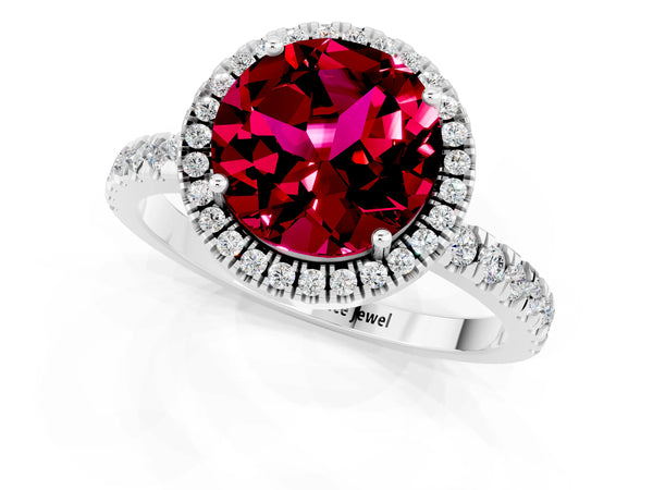 Silver Round Cut Garnet Classic Halo Engagement Ring with Round Pavé Band and Prong Setting