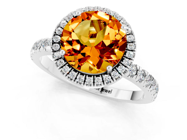 Platinum Round Cut Citrine Classic Halo Engagement Ring with Round Pavé Band and Prong Setting
