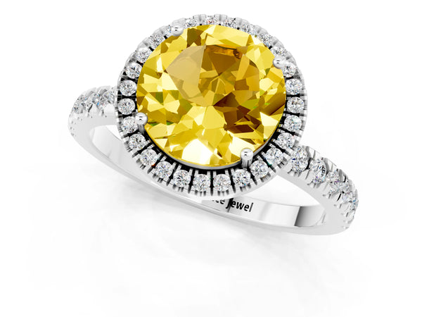 Platinum Round Cut Yellow Sapphire Classic Halo Engagement Ring with Round Pavé Band and Prong Setting