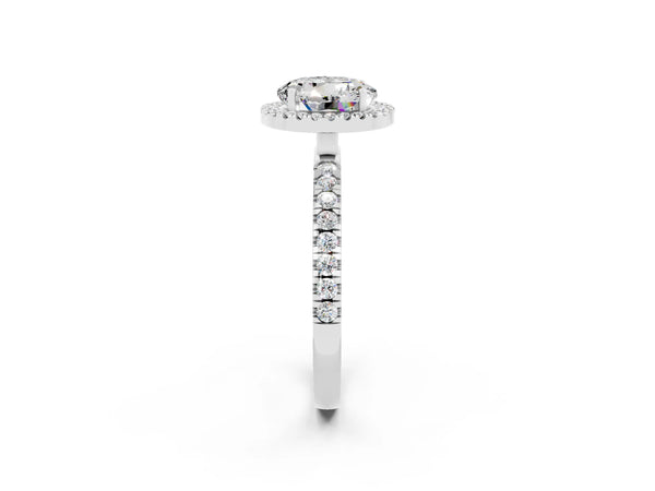Platinum Round Cut Moissanite Classic Halo Engagement Ring with Round Pavé Band and Prong Setting