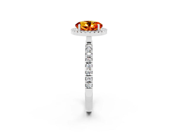 Silver Round Cut Citrine Classic Halo Engagement Ring with Round Pavé Band and Prong Setting