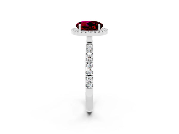 Silver Round Cut Garnet Classic Halo Engagement Ring with Round Pavé Band and Prong Setting