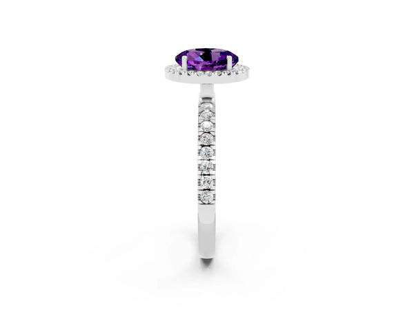 Silver Round Cut Amethyst Classic Halo Engagement Ring with Round Pavé Band and Prong Setting