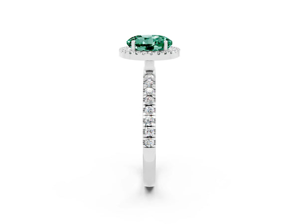 Silver Round Cut Green Sapphire Classic Halo Engagement Ring with Round Pavé Band and Prong Setting