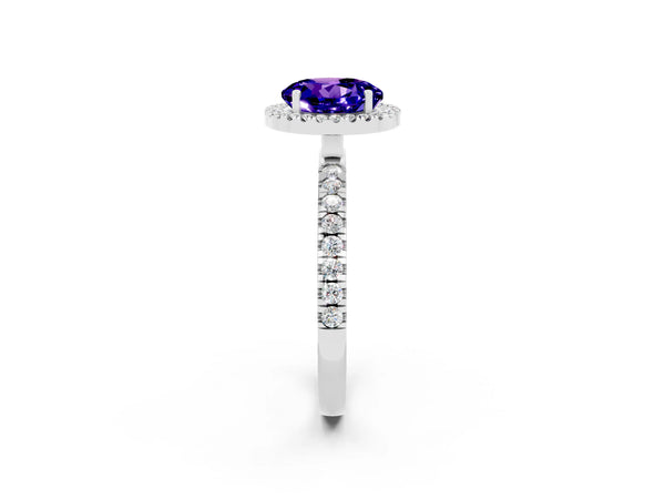 White gold Round Cut Tanzanite Classic Halo Engagement Ring with Round Pavé Band and Prong Setting