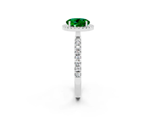 Platinum Round Cut Emerald Classic Halo Engagement Ring with Round Pavé Band and Prong Setting