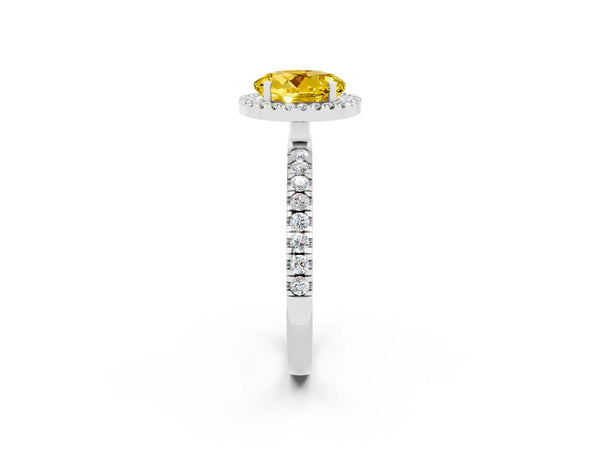 Platinum Round Cut Yellow Sapphire Classic Halo Engagement Ring with Round Pavé Band and Prong Setting