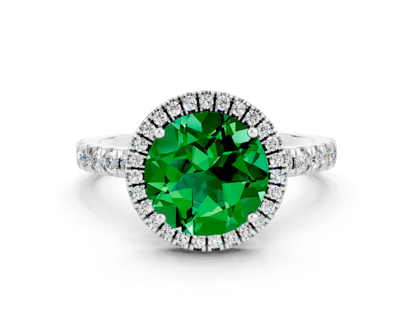Silver Round Cut Emerald Classic Halo Engagement Ring with Round Pavé Band and Prong Setting