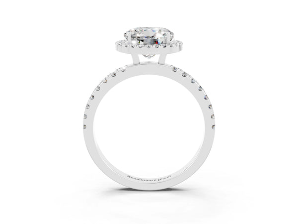 Platinum Round Cut Moissanite Classic Halo Engagement Ring with Round Pavé Band and Prong Setting