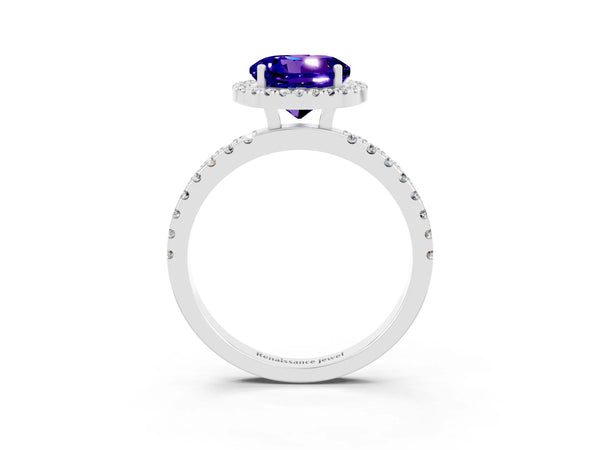Silver Round Cut Tanzanite Classic Halo Engagement Ring with Round Pavé Band and Prong Setting
