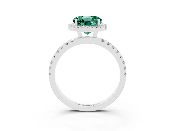 Silver Round Cut Green Sapphire Classic Halo Engagement Ring with Round Pavé Band and Prong Setting