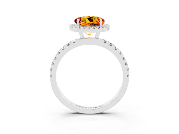 White gold Round Cut Citrine Classic Halo Engagement Ring with Round Pavé Band and Prong Setting