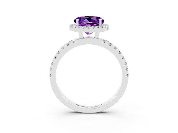 Platinum Round Cut Amethyst Classic Halo Engagement Ring with Round Pavé Band and Prong Setting
