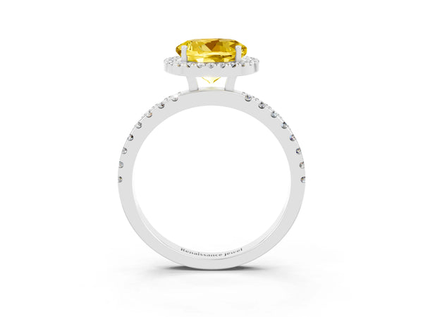 Platinum Round Cut Yellow Sapphire Classic Halo Engagement Ring with Round Pavé Band and Prong Setting