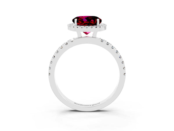 Platinum Round Cut Garnet Classic Halo Engagement Ring with Round Pavé Band and Prong Setting