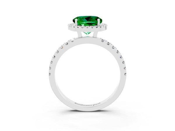 Silver Round Cut Emerald Classic Halo Engagement Ring with Round Pavé Band and Prong Setting