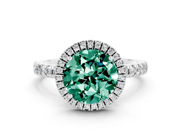 Silver Round Cut Green Sapphire Classic Halo Engagement Ring with Round Pavé Band and Prong Setting