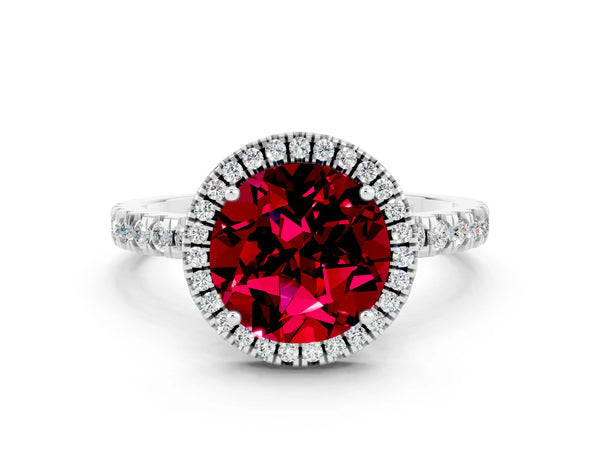 Silver Round Cut Garnet Classic Halo Engagement Ring with Round Pavé Band and Prong Setting