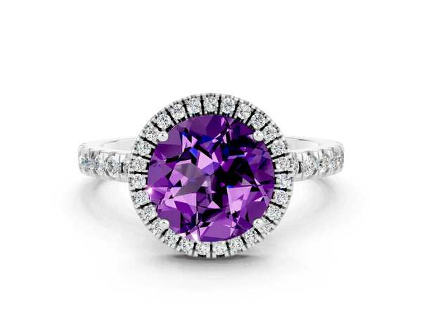 Platinum Round Cut Amethyst Classic Halo Engagement Ring with Round Pavé Band and Prong Setting