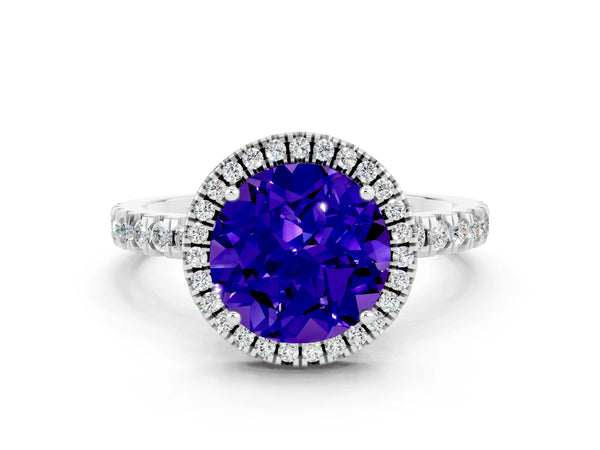 Platinum Round Cut Tanzanite Classic Halo Engagement Ring with Round Pavé Band and Prong Setting