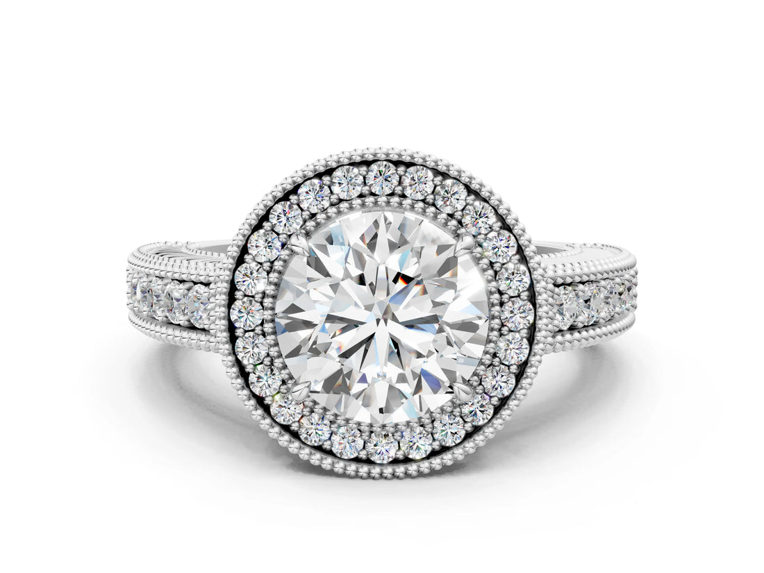 White gold Round Cut Halo Diamond Ring with Pavé Band and Four-Prong Setting_136