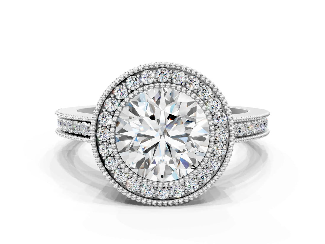 White gold Round Cut Halo Diamond Ring with Pavé Band and Milgrain Prong Setting_32
