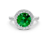White gold Round Cut Halo Diamond Ring with Pavé Band and Three-Prong Setting