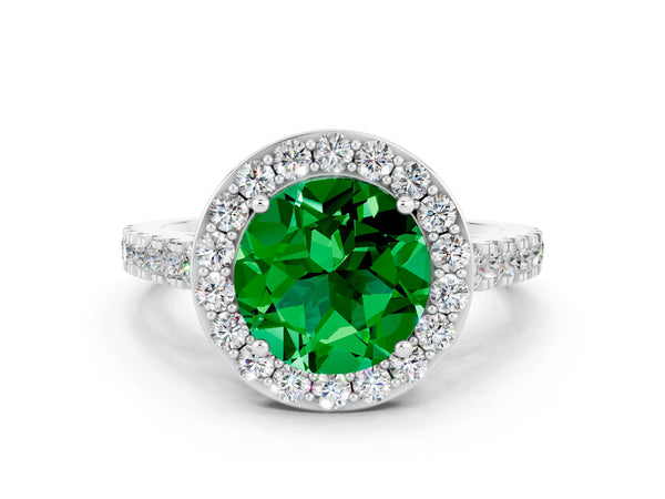 Platinum Round Cut Emerald Halo Ring with Round Pavé Split Shank and Prong Setting