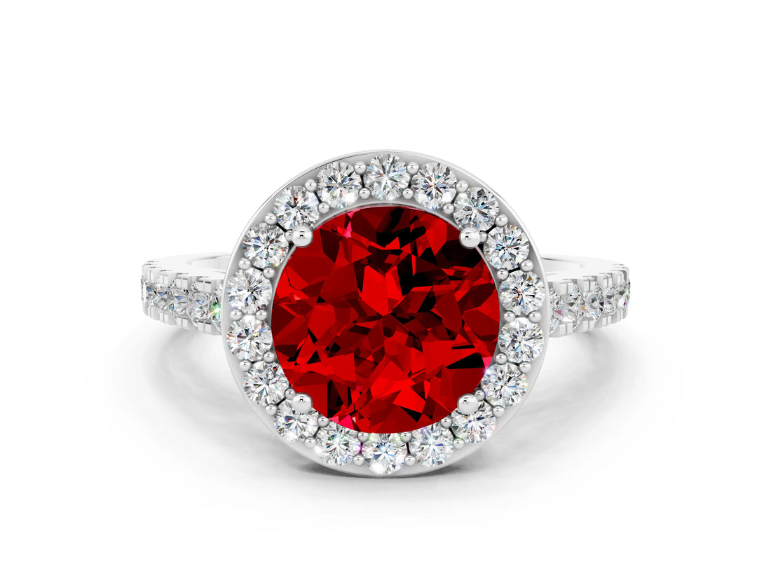 White gold Round Cut Halo Diamond Ring with Pavé Band and Three-Prong Setting
