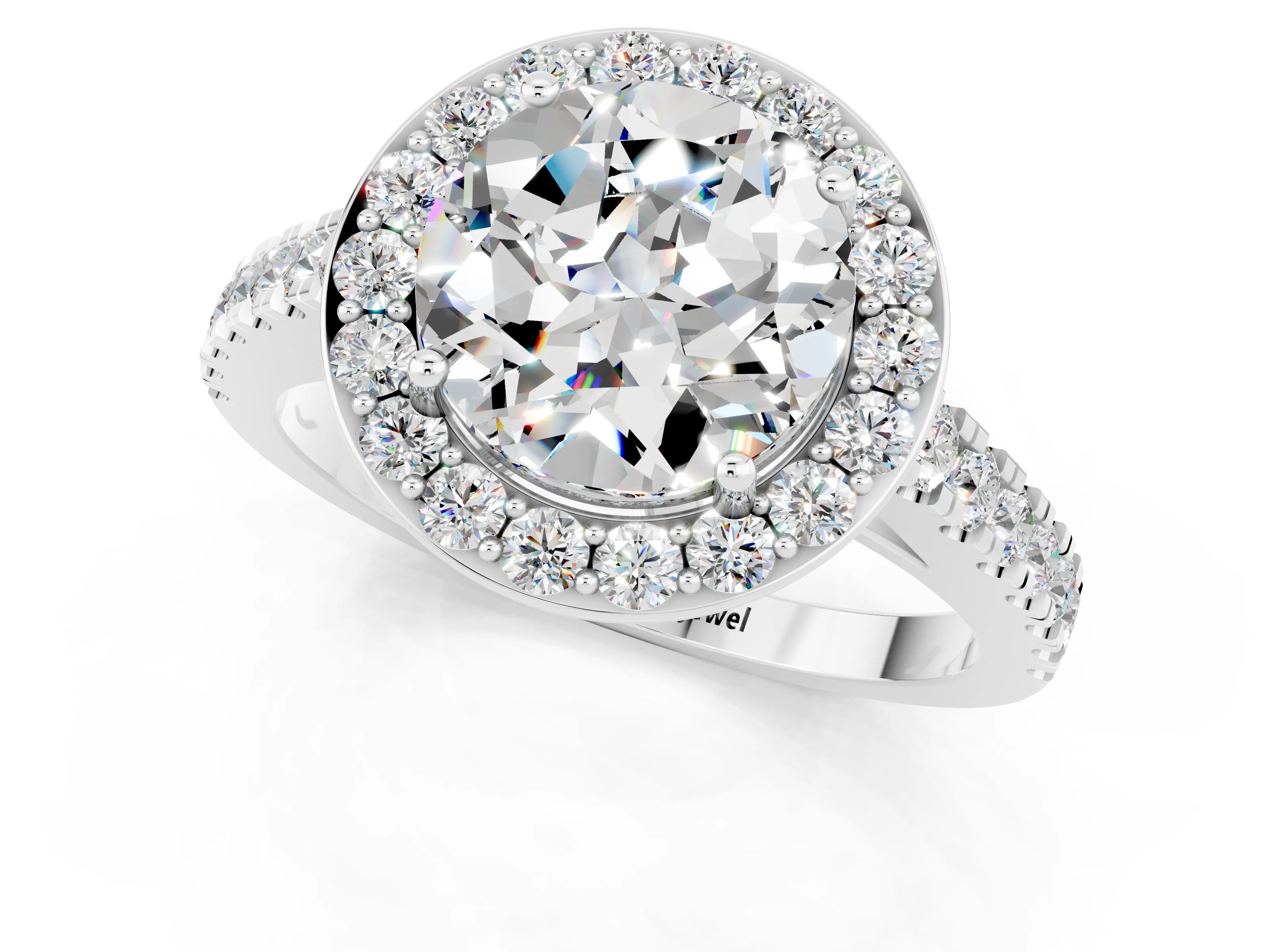 White gold Round Cut Halo Diamond Ring with Pavé Band and Three-Prong Setting_1