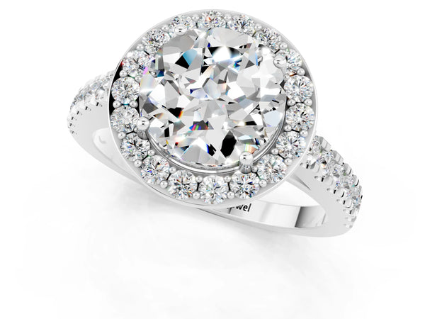 Platinum Round Cut Moissanite Halo Ring with Round Pavé Split Shank and Prong Setting
