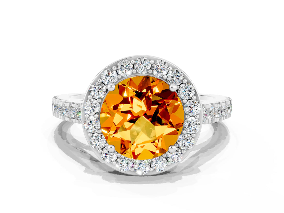 White gold Round Cut Halo Diamond Ring with Pavé Band and Three-Prong Setting_10